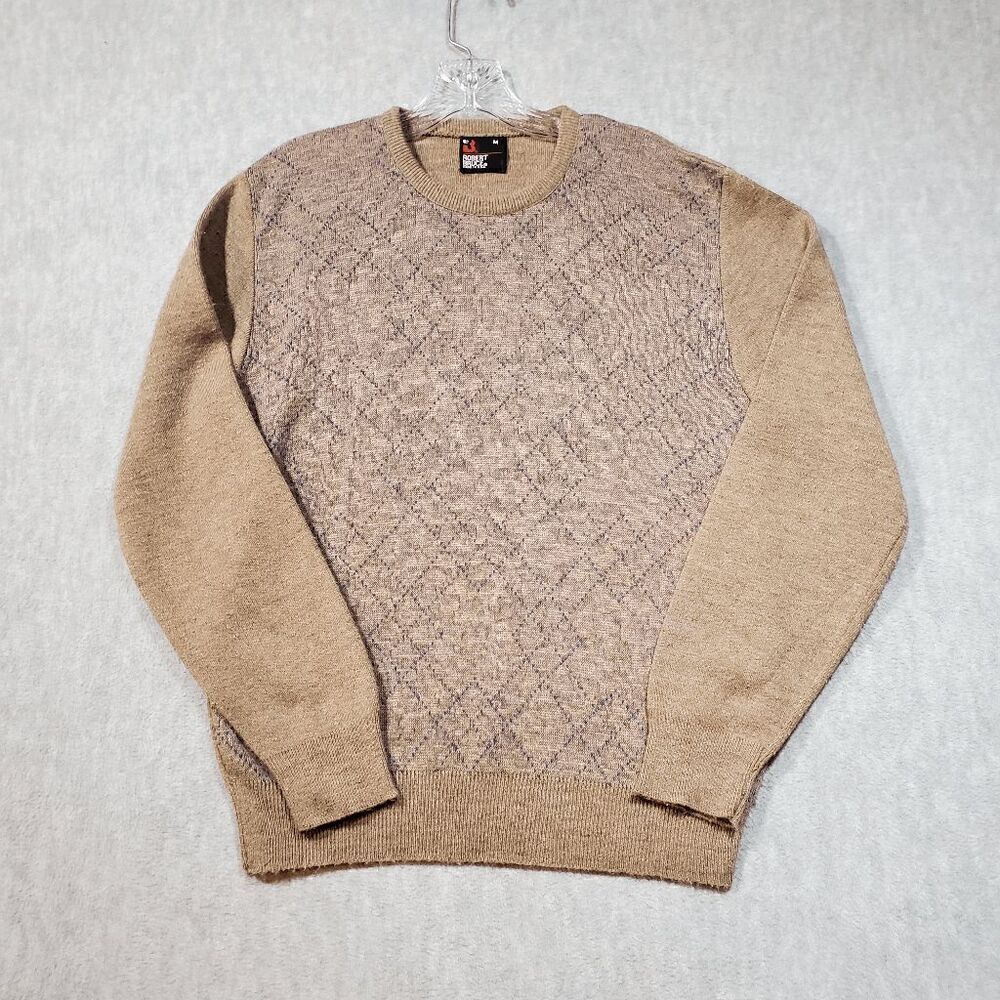 Robert Bruce Sweater Mens Medium Tan Diamond Argyle Knitted Crew Neck Pullover